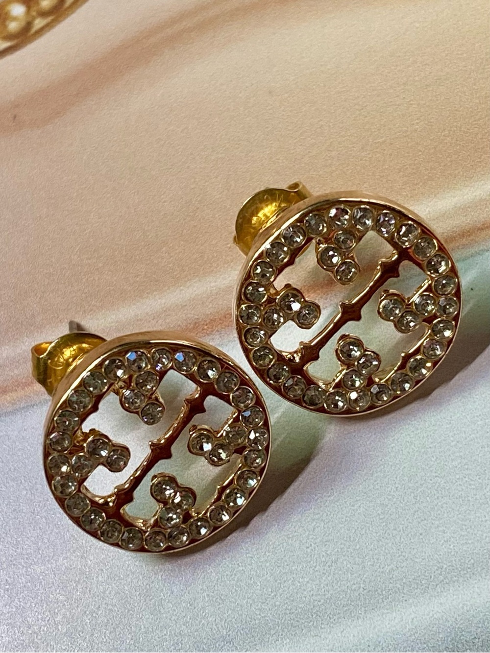 Gold Crystal Round Logo Stud Earrings - Women Jewelry